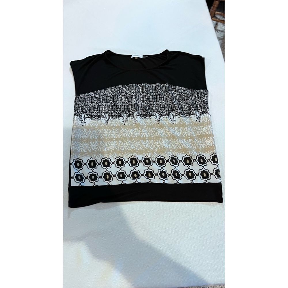 Calvin Klein Women's Sleeveless Top Shirt Patterned Stretch Black White Large